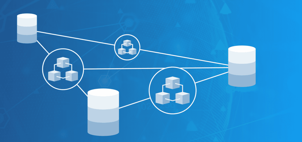 Interconnected microservice components and databases linked by lines on a blue background, representing a distributed