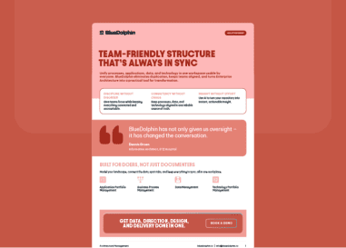 BlueDolphin solution brief promoting team-friendly architecture management with key benefits, a testimonial, and a book a