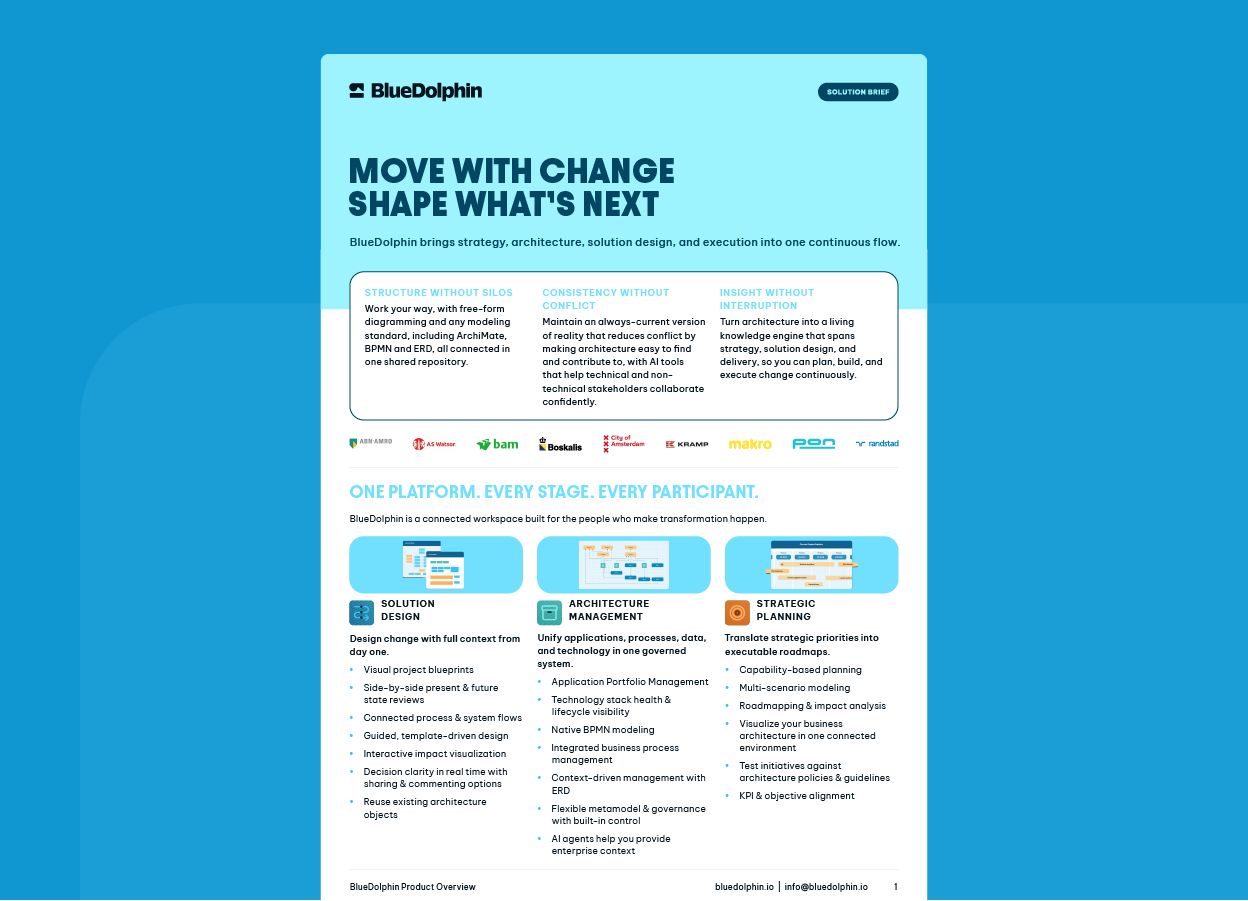 BlueDolphin product overview solution brief highlighting solution design, architecture management, and strategic planning