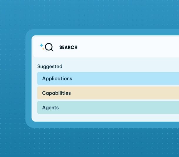 Search interface with suggested categories for Applications, Capabilities, and Agents on a blue dotted background.