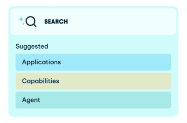 AI-powered search interface with suggested categories for Applications, Capabilities, and Agent.