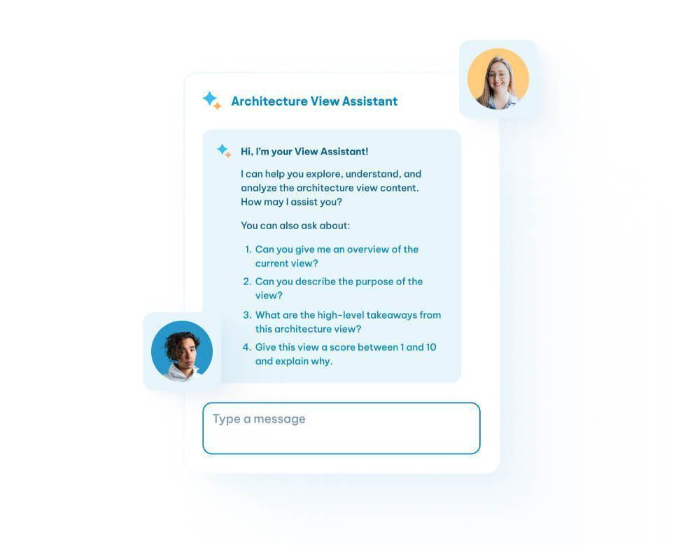 An Architecture View Assistant chatbot interface offering suggested questions with two user avatars and a message input