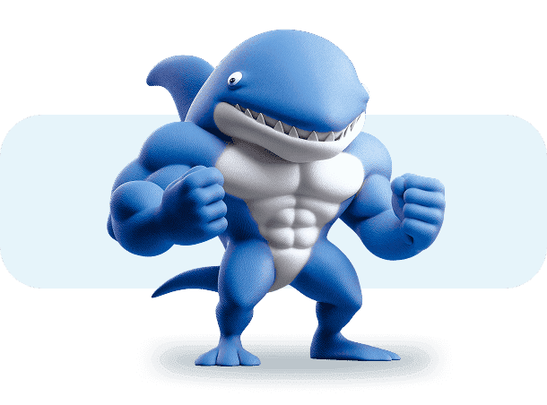 A muscular blue shark mascot with a white belly flexes its fists in a powerful, confident stance.
