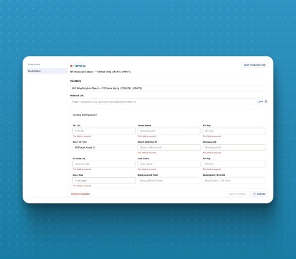 TOPdesk integration configuration form with fields for API URL, tenant name, API key, webhook URL, and general settings.