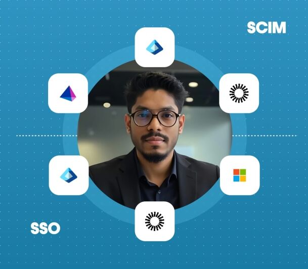 A young professional wearing glasses and a dark blazer surrounded by SSO and SCIM integration icons on a blue background.
