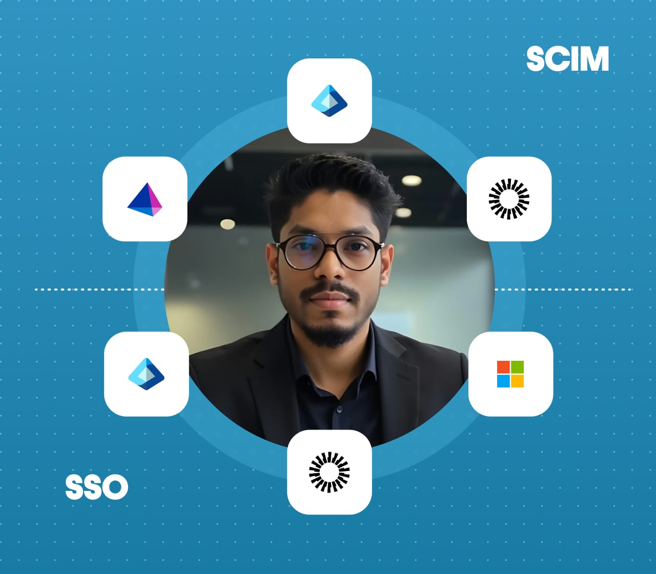 A young professional wearing glasses and a dark blazer surrounded by SSO and SCIM integration icons on a blue background.