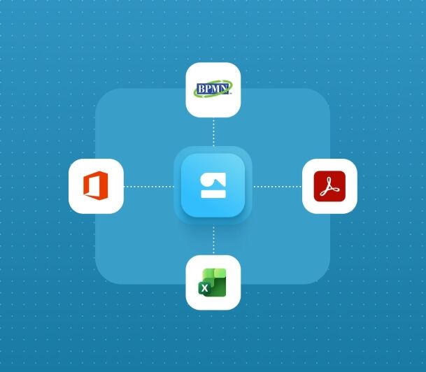 A central app icon connected by dotted lines to BPMN, Microsoft Office, Adobe PDF, and Microsoft Excel icons.
