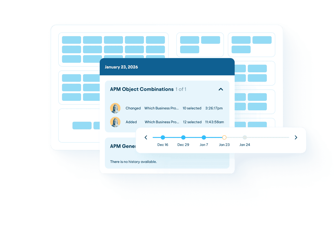 APM Object Combinations history panel dated January 23, 2026, with a timeline slider and change log entries.