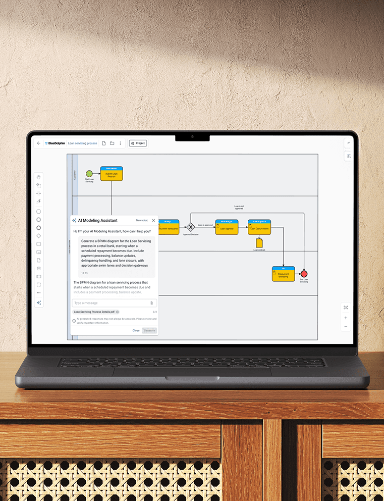 Laptop on a wooden desk displaying a BPMN loan servicing process diagram with an AI Modeling Assistant chat overlay.