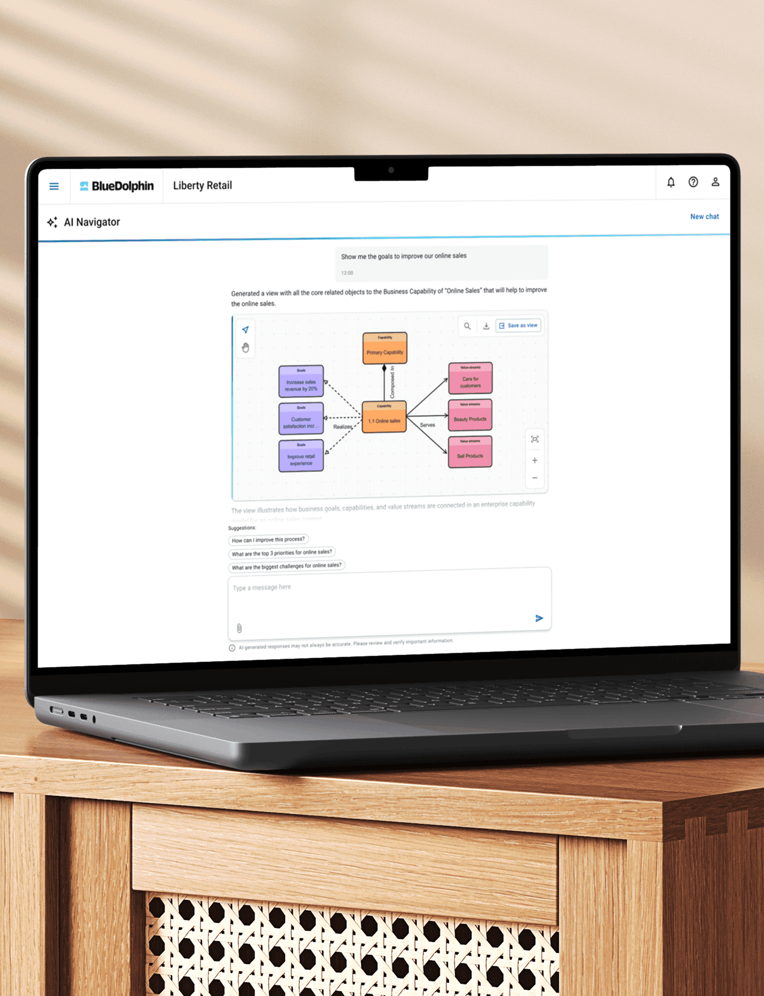 Laptop on a wooden desk displaying BlueDolphin AI Navigator with a business capability diagram for online sales goals.