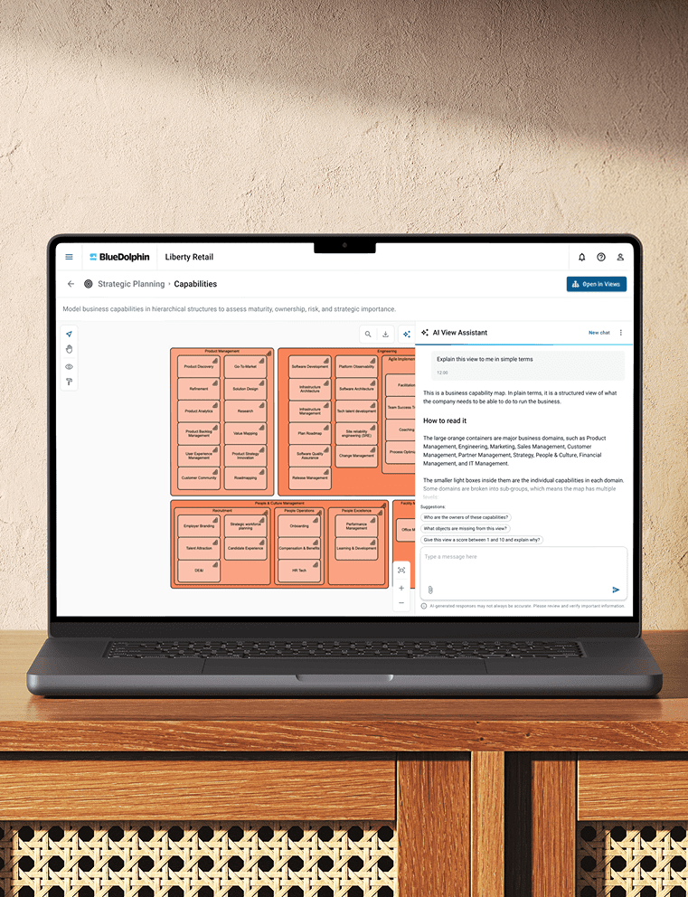 Laptop displaying BlueDolphin's capability map with hierarchical business domains and an AI View Assistant chat panel.