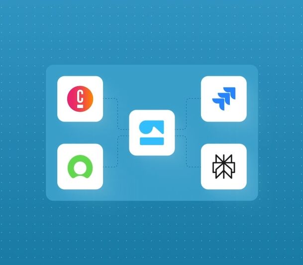 A central app icon connected by dashed lines to four integration icons including Jira, on a blue dotted background.
