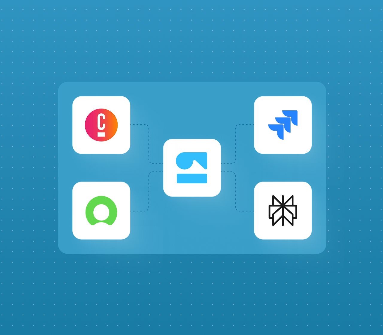 A central app icon connected by dashed lines to four integration icons including Jira, on a blue dotted background.