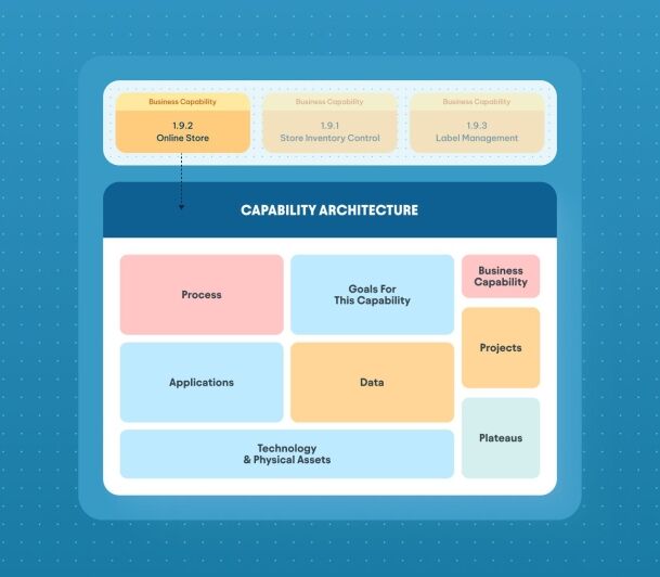 Capability architecture diagram linking business capabilities like Online Store to process, applications, data, technology,