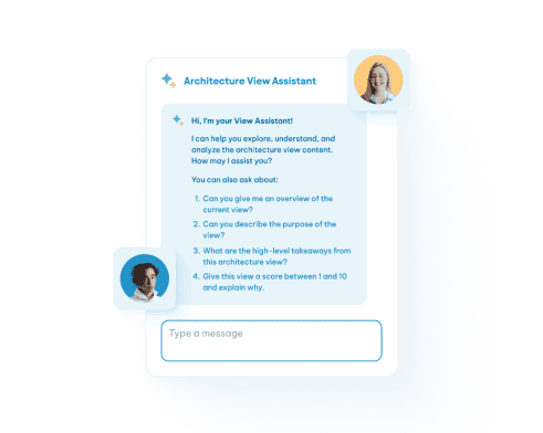 An AI-powered Architecture View Assistant chat interface with suggested questions and a message input field.