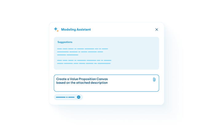 A Modeling Assistant dialog box with suggestions and a prompt to create a Value Proposition Canvas based on an attached