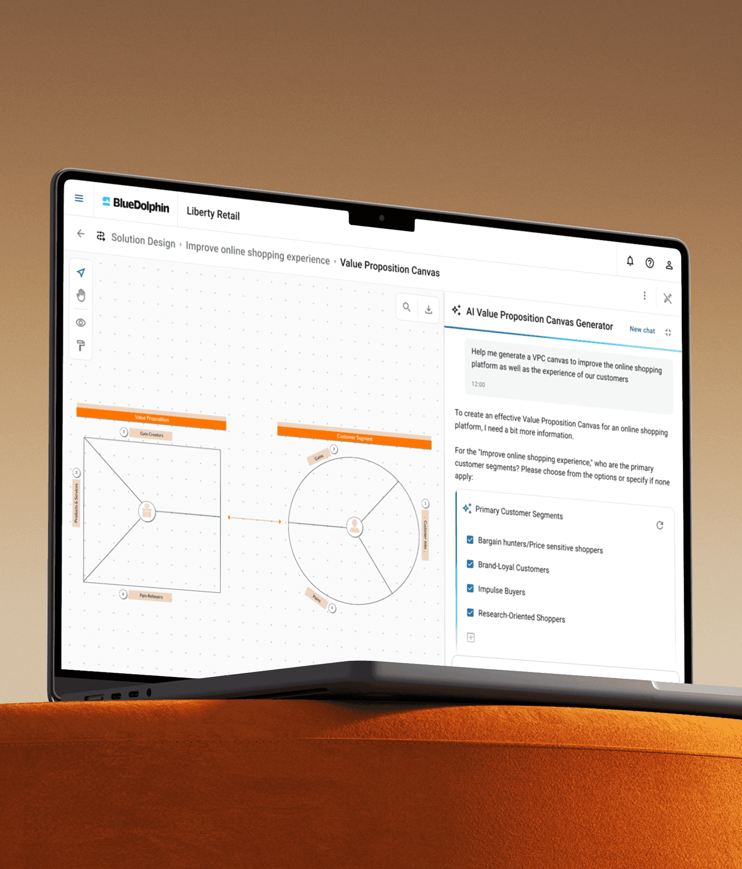 Laptop displaying BlueDolphin's Value Proposition Canvas tool with an AI chat assistant suggesting customer segments.