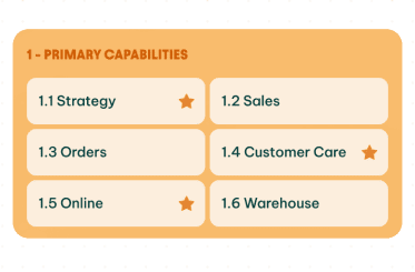 Primary capabilities grid listing Strategy, Sales, Orders, Customer Care, Online, and Warehouse, with stars highlighting key