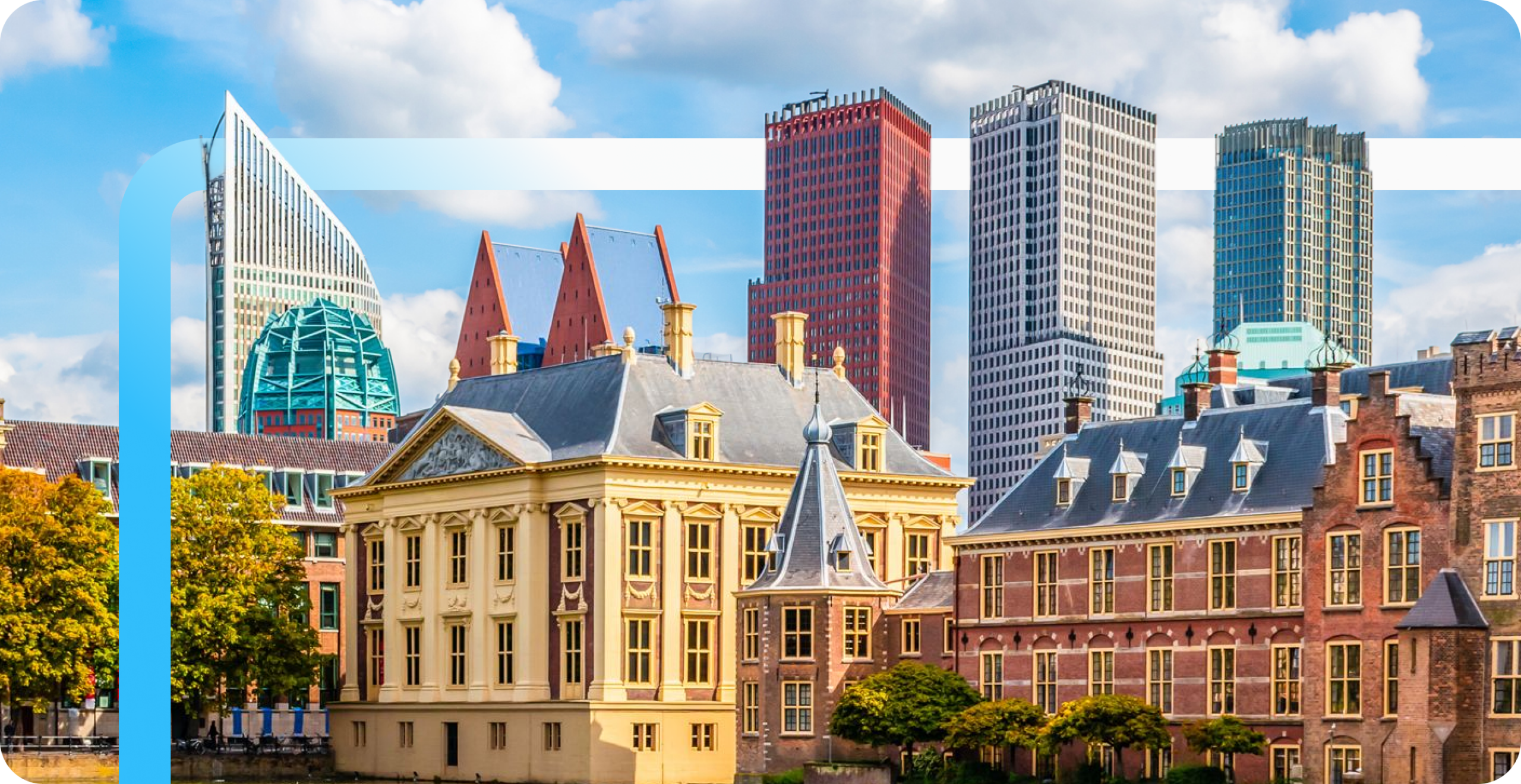 Historic Binnenhof and Mauritshuis buildings in The Hague with modern skyscrapers rising behind under a blue sky.