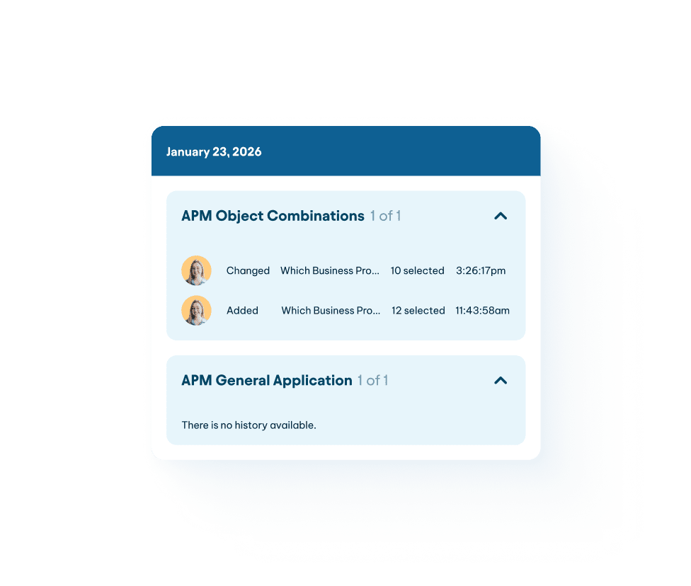Audit history panel dated January 23, 2026, showing APM Object Combinations changes and APM General Application with no