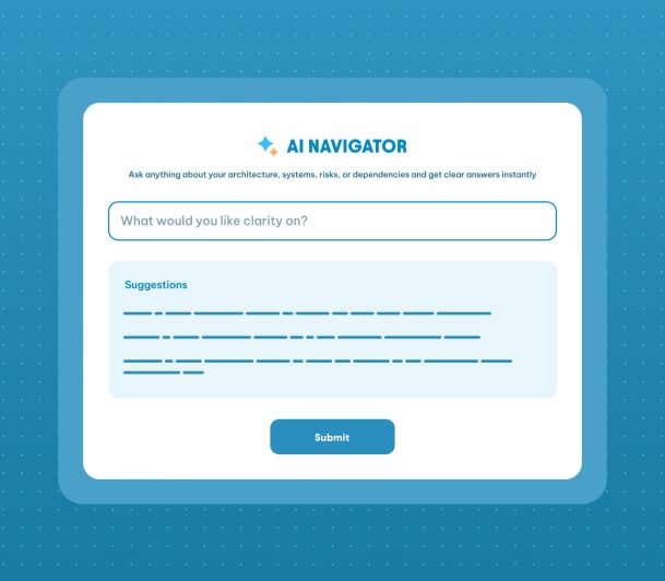 AI Navigator interface with a query input field, suggestions section, and submit button for asking about architecture and