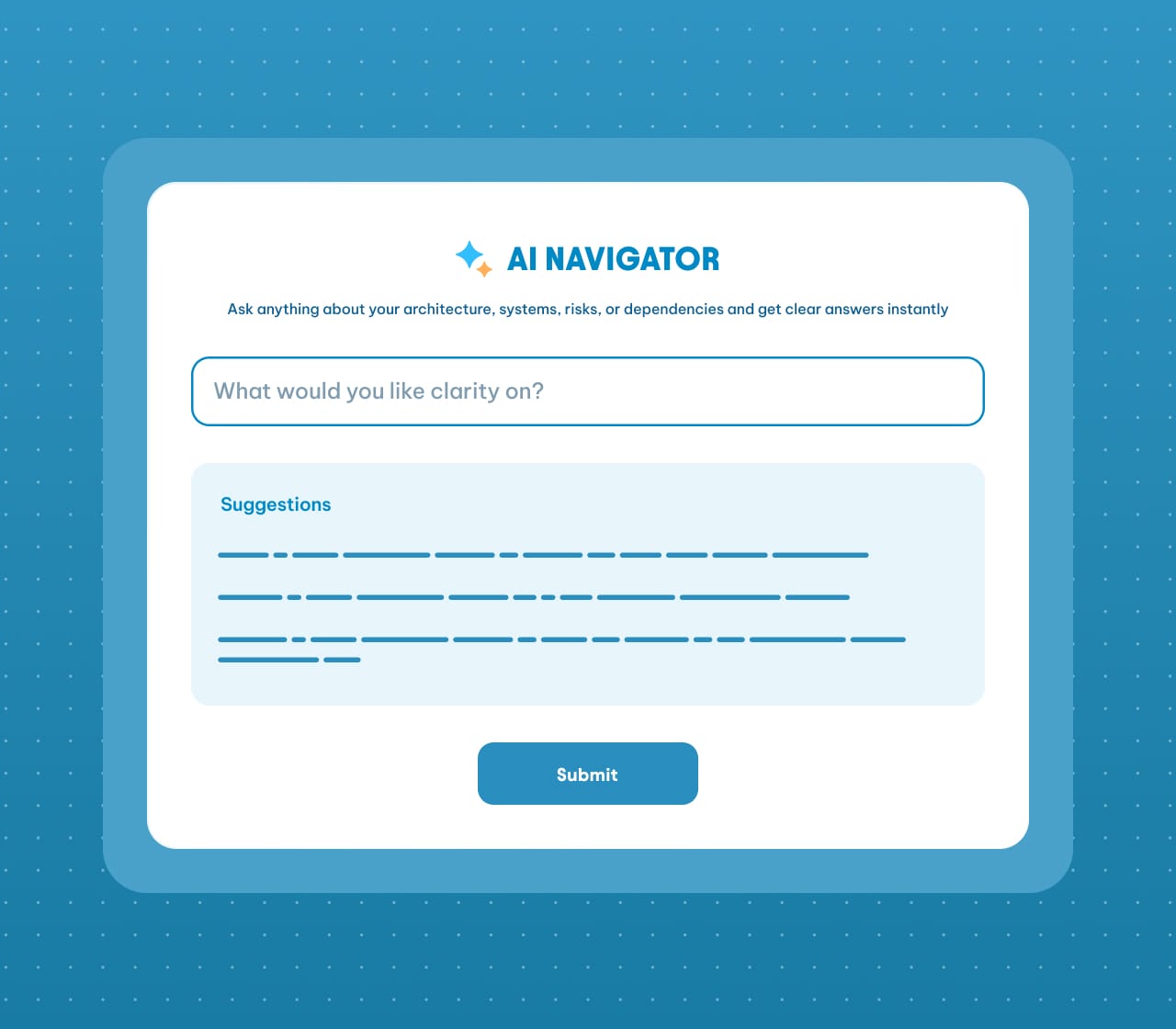 AI Navigator interface with a query input field, suggestions section, and submit button for asking about architecture and