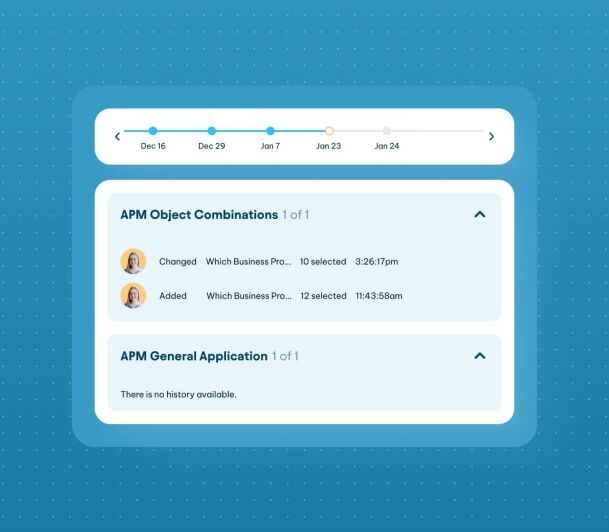APM dashboard displaying a date timeline, object combinations change log, and general application history sections.