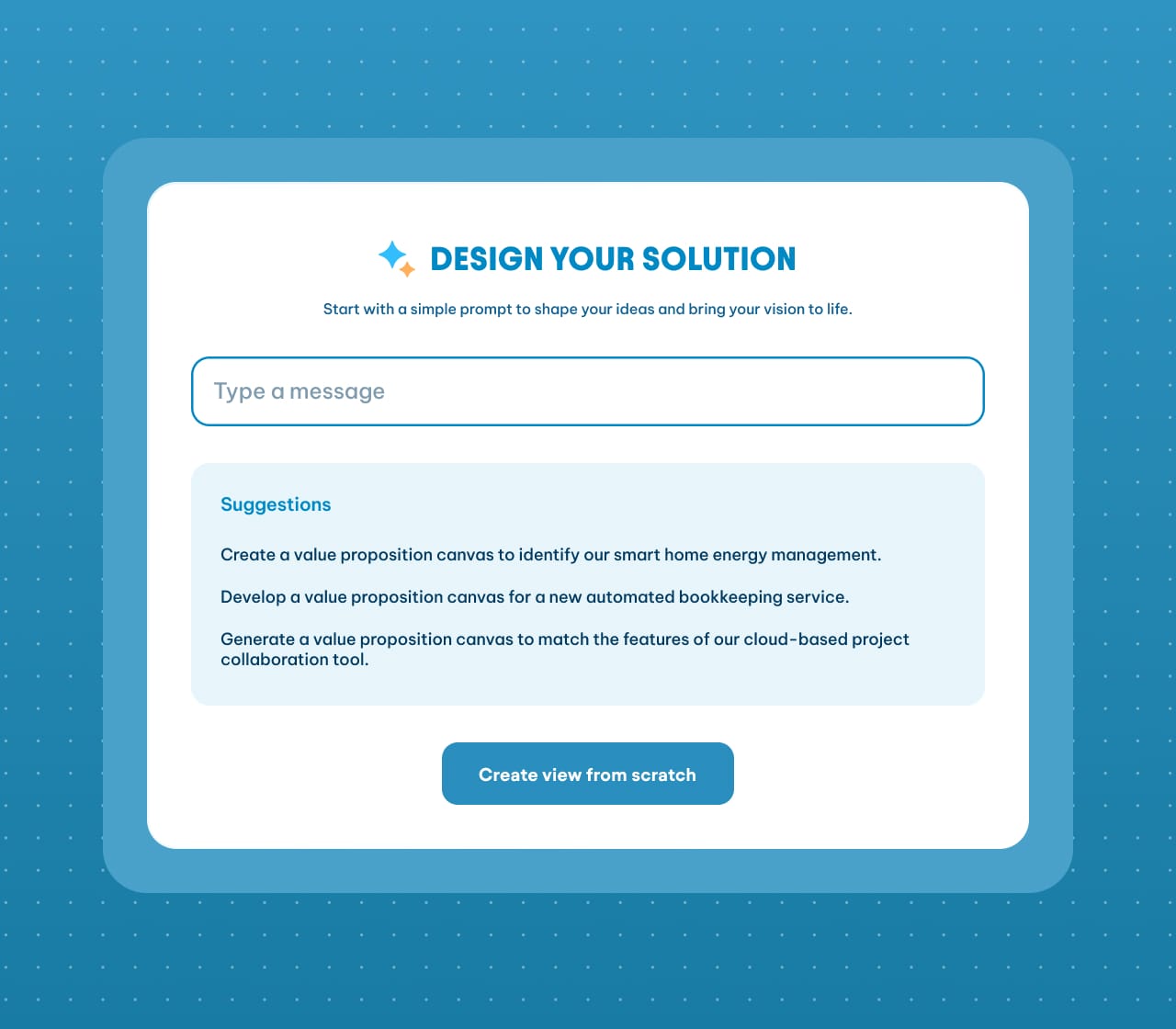 AI-powered "Design Your Solution" interface with a prompt input field, suggested value proposition canvas prompts, and a