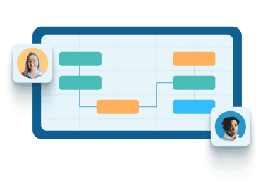 A project timeline Gantt chart with colorful task bars and two team member avatar photos on opposite corners.