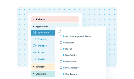 Application portfolio management interface with category filters and a checklist of applications like Azure Management