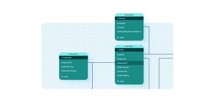 Data model diagram with three related data objects: Customer, Invoice, and Order, showing their fields and relationships.