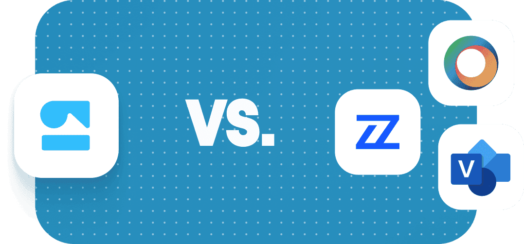 Comparison graphic of two architecture management solution logos separated by "VS." on a blue dotted background.