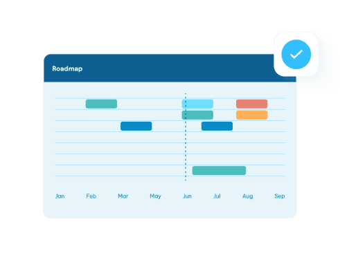 Project roadmap Gantt chart spanning January to September with color-coded task bars and a blue checkmark icon.