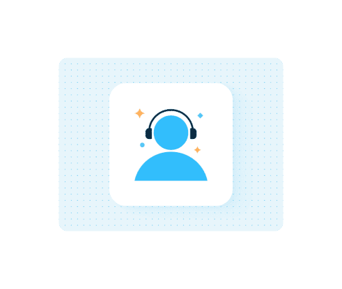Blue customer support agent icon wearing a headset with decorative sparkles on a dotted light blue background.