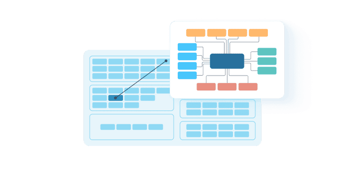 A data table with a trend line overlaid by a colorful hierarchical organizational chart with connected nodes.