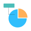 A blue and orange pie chart connected by a dotted line to a teal rectangle above it.