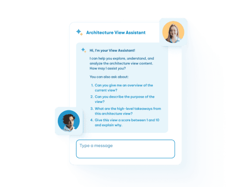 AI-powered Architecture View Assistant chat interface offering suggested questions to explore and analyze architecture views.