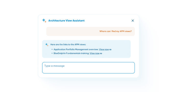 Architecture View Assistant chatbot responding to an APM views query with links to portfolio management resources.
