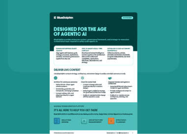 BlueDolphin solution brief on AI governance and orchestration for agentic AI, featuring key capabilities and platform