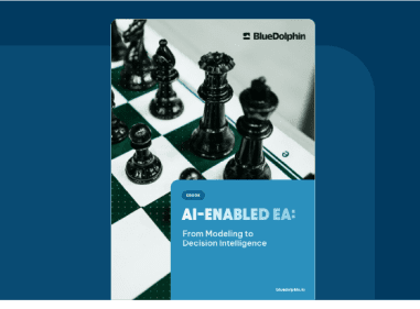 BlueDolphin ebook cover featuring chess pieces with the title "AI-Enabled EA: From Modeling to Decision Intelligence."