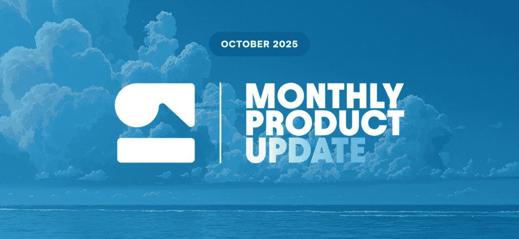 October 2025 Monthly Product Update banner featuring a company logo against a blue sky and ocean background.