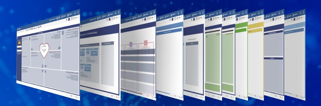 Multiple architecture view templates displayed in a cascading arrangement against a blue background, featuring various