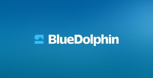 BlueDolphin logo in white text with a stylized dolphin icon on a gradient blue background.