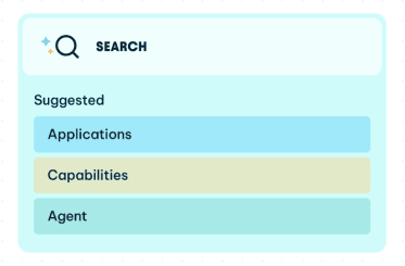 AI-powered search interface with suggested categories for Applications, Capabilities, and Agent.