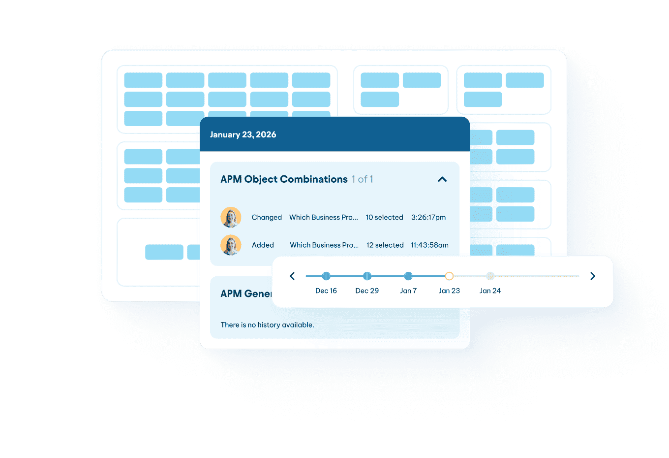 APM Object Combinations history panel dated January 23, 2026, with a timeline slider and change log entries.