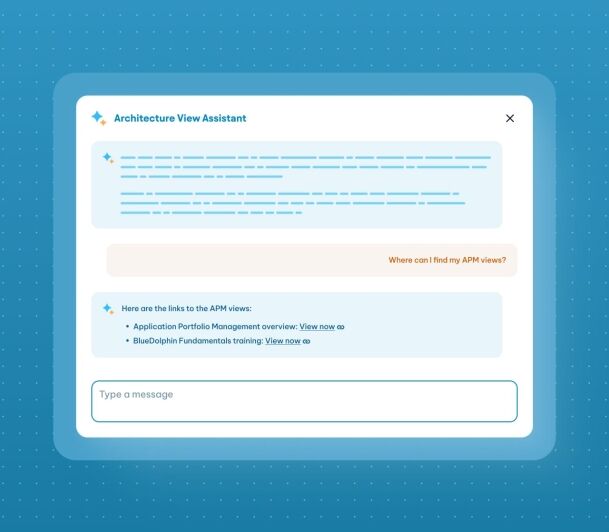 Architecture View Assistant chatbot interface responding to an APM views query with links to portfolio management resources.