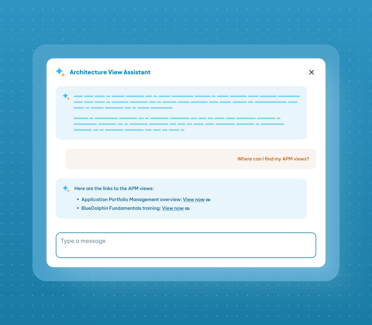 Architecture View Assistant chatbot interface responding to an APM views query with links to portfolio management resources.