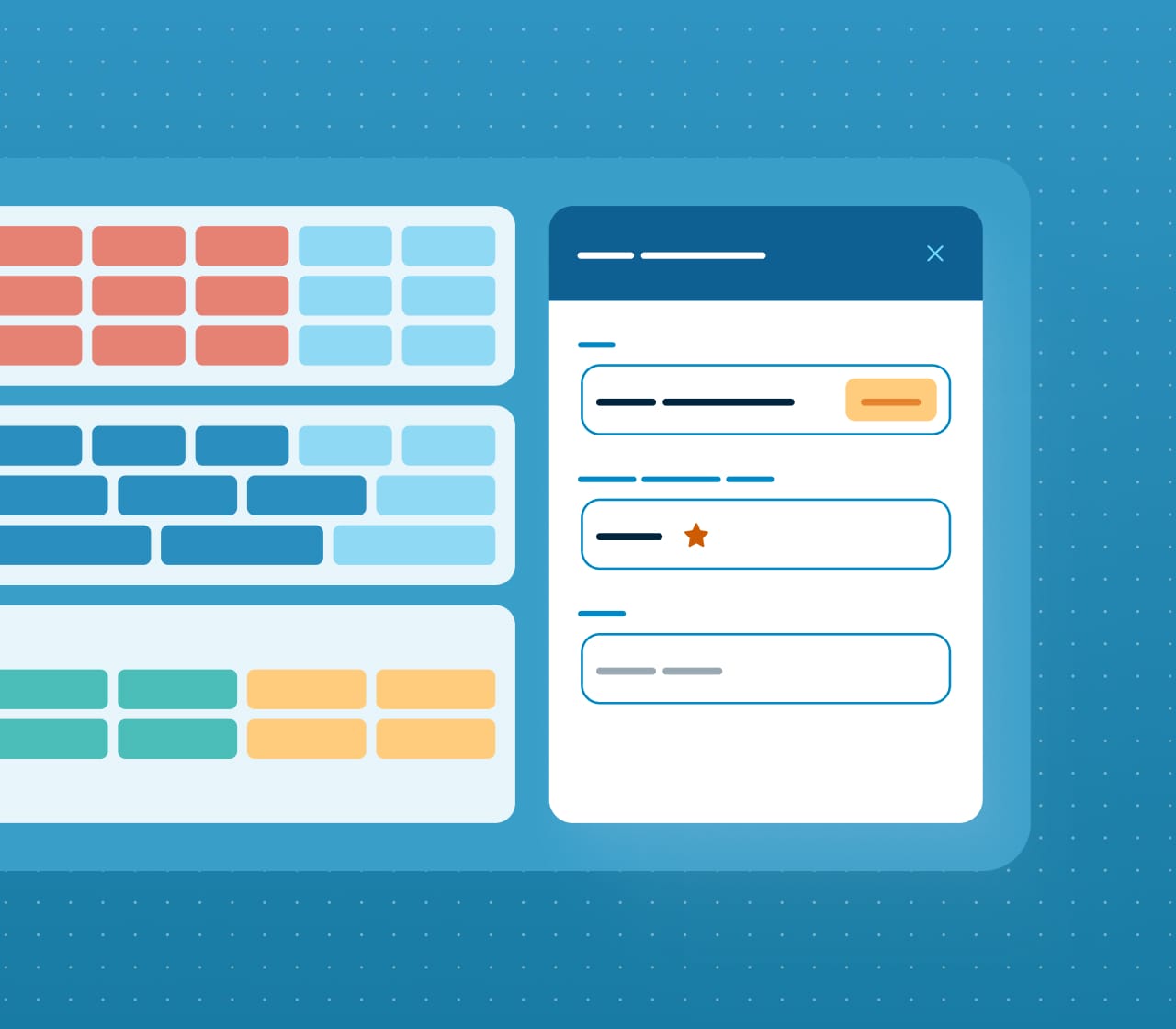 A stylized UI mockup featuring colorful data grid rows alongside a modal dialog with form fields and input elements.