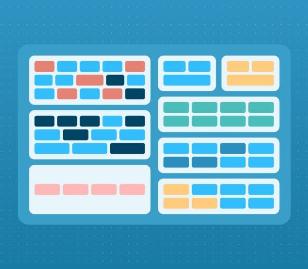 Colorful grid layout of rounded rectangular blocks in blue, teal, coral, orange, and pink arranged in rows within white