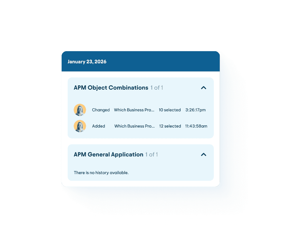 Audit history panel dated January 23, 2026, showing APM Object Combinations changes and APM General Application with no